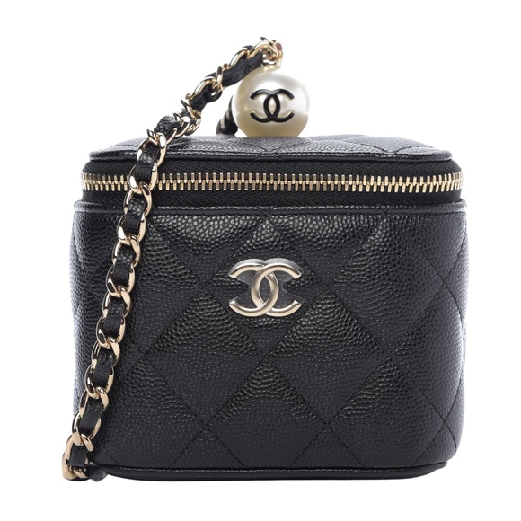 CHANEL CAVIAR QUILTED BLACK MINI PEARL ON TOP VANITY CASE WITH CHAIN (2021) - Picture 1 of 8